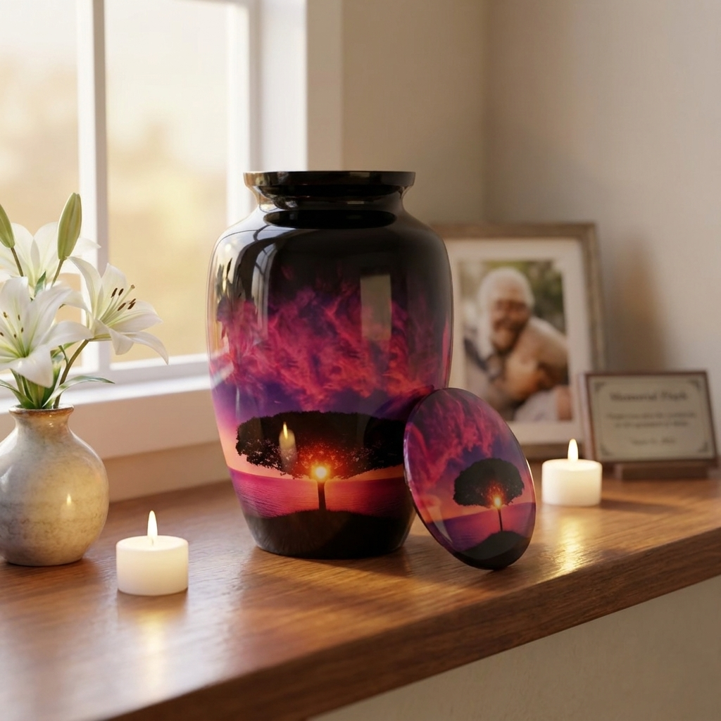 Adult Cremation Urn – Serene Sunset Vanilla Sky & Tree of Life Design in Gloss Finish (Product Code: NURSTS)