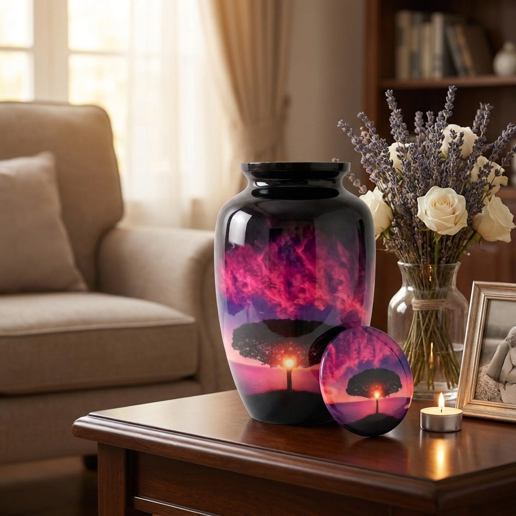 Adult Cremation Urn – Serene Sunset Vanilla Sky & Tree of Life Design in Gloss Finish (Product Code: NURSTS)
