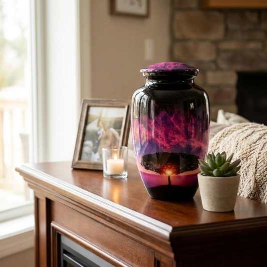 Adult Cremation Urn – Serene Sunset Vanilla Sky & Tree of Life Design in Gloss Finish (Product Code: NURSTS)