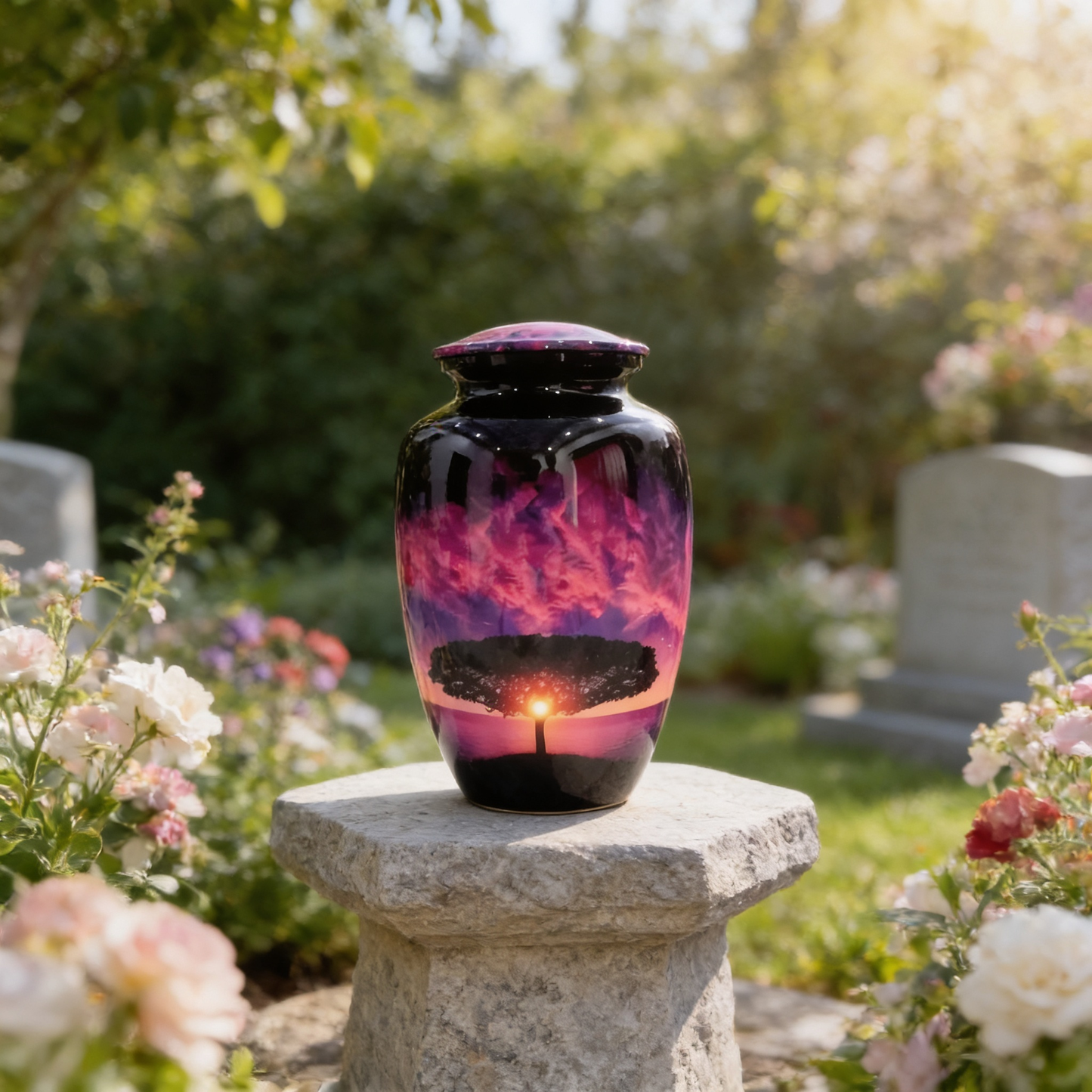 Adult Cremation Urn – Serene Sunset Vanilla Sky & Tree of Life Design in Gloss Finish (Product Code: NURSTS)