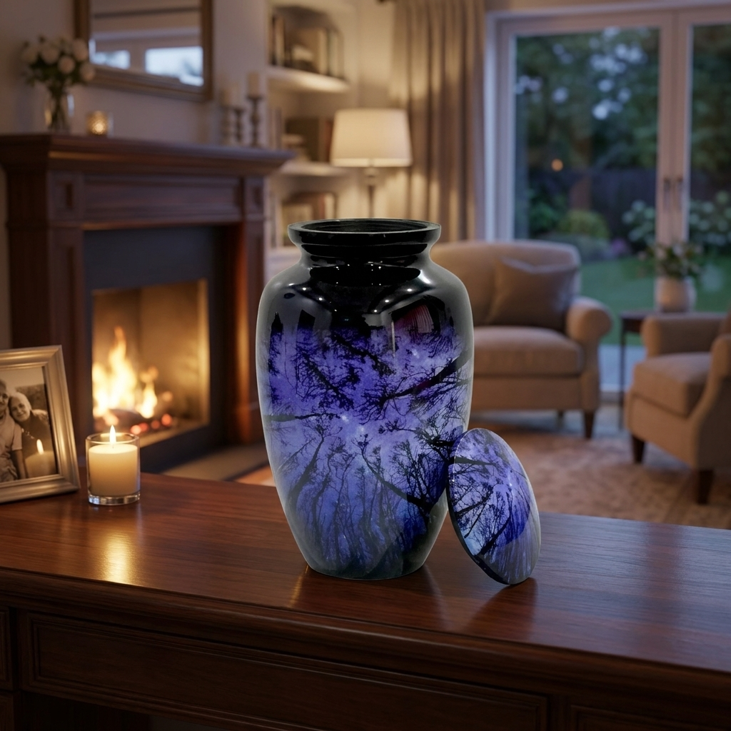 Adult Cremation Urn – Starry Night Forest Design in Gloss Finish (Product Code: NUNSTS)