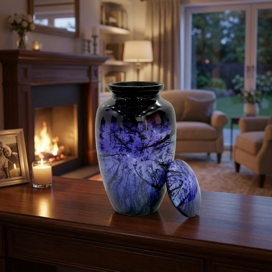 Adult Cremation Urn – Starry Night Forest Design in Gloss Finish (Product Code: NUNSTS)