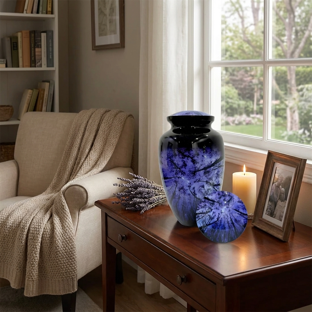 Adult Cremation Urn – Starry Night Forest Design in Gloss Finish (Product Code: NUNSTS)