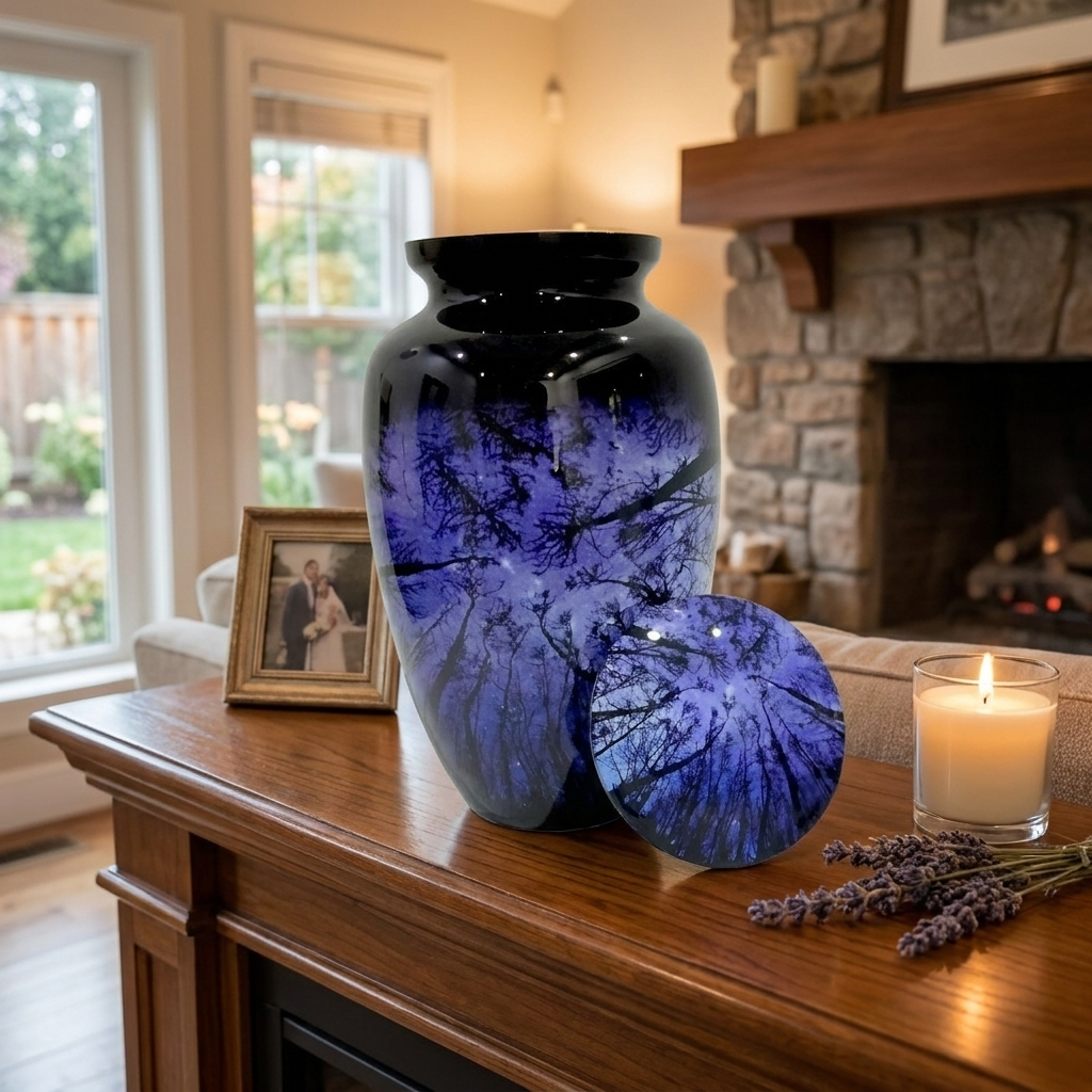 Adult Cremation Urn – Starry Night Forest Design in Gloss Finish (Product Code: NUNSTS)