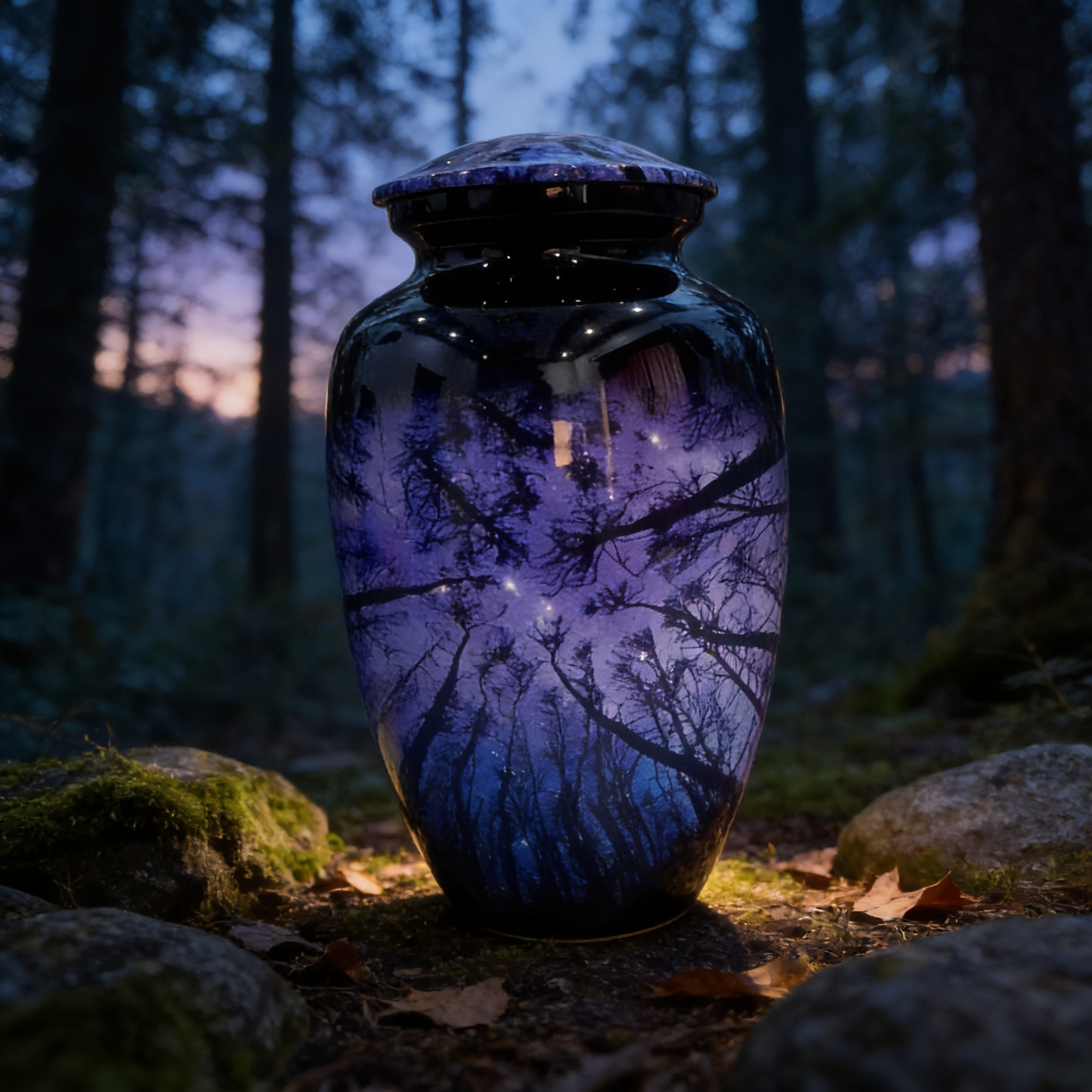 Adult Cremation Urn – Starry Night Forest Design in Gloss Finish (Product Code: NUNSTS)
