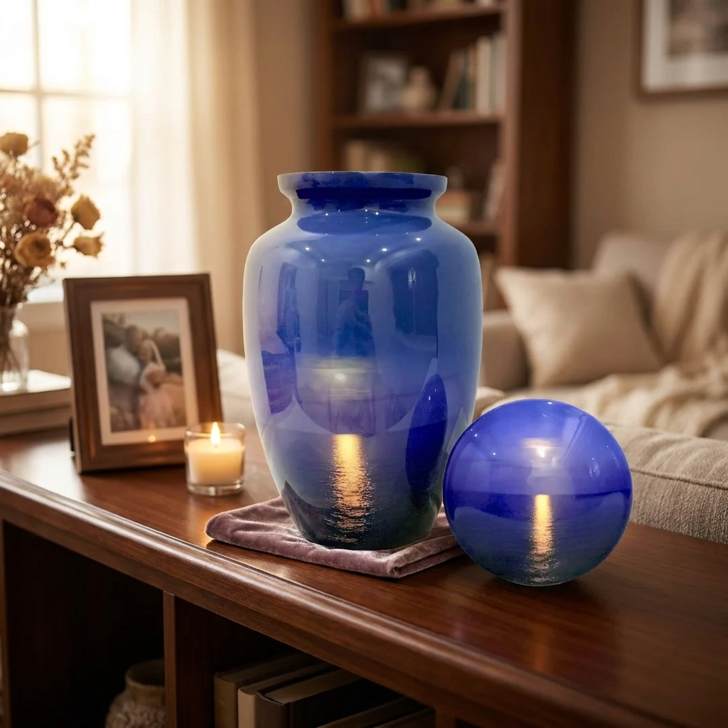 Adult Cremation Urn – Sunset on Ocean Horizon with Dark Blue Sky Design in Gloss Finish (Product Code: NUSSS)