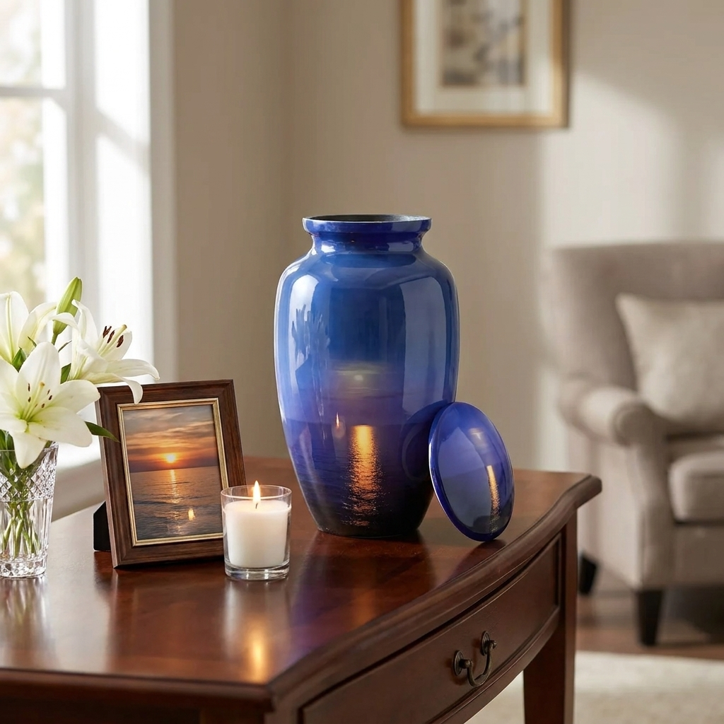 Adult Cremation Urn – Sunset on Ocean Horizon with Dark Blue Sky Design in Gloss Finish (Product Code: NUSSS)