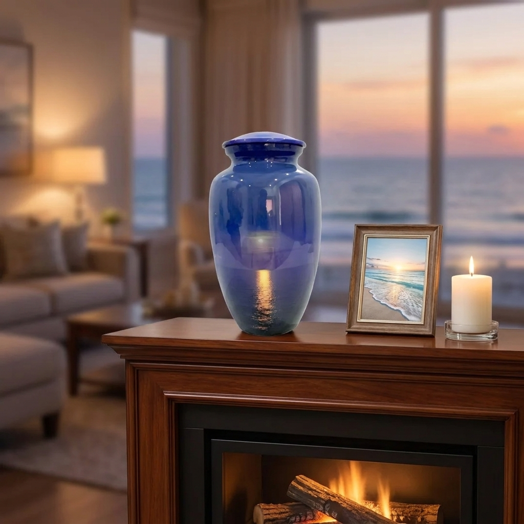 Adult Cremation Urn – Sunset on Ocean Horizon with Dark Blue Sky Design in Gloss Finish (Product Code: NUSSS)