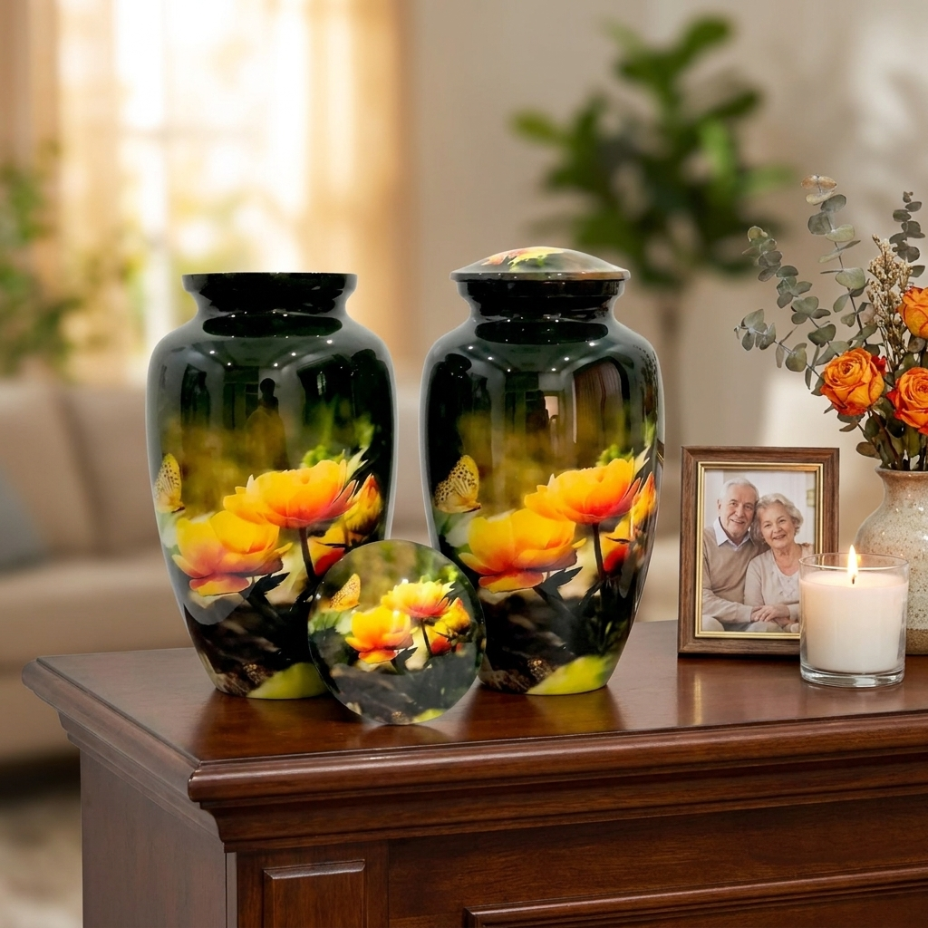 Adult Cremation Urn – Yellow Rose & Butterfly Design in Gloss Finish (Product Code: NUBYP)