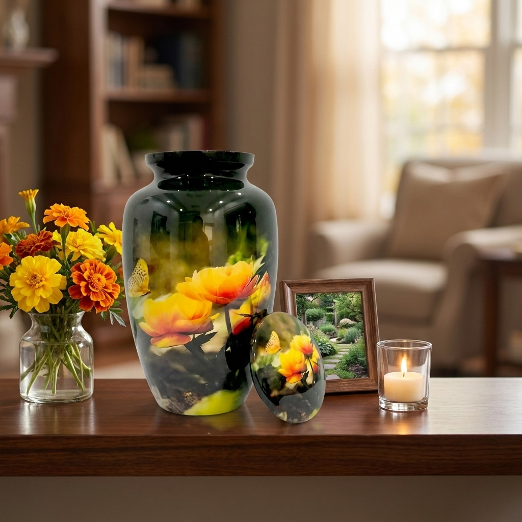 Adult Cremation Urn – Yellow Rose & Butterfly Design in Gloss Finish (Product Code: NUBYP)