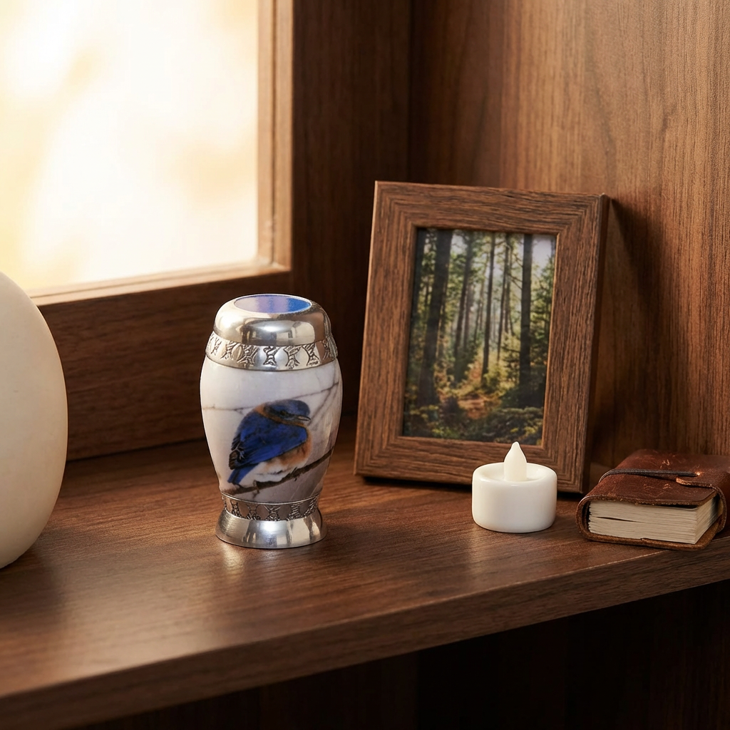 Keepsake Cremation Urn Blue and Brown Bird Design (Product Code NUBT-K)