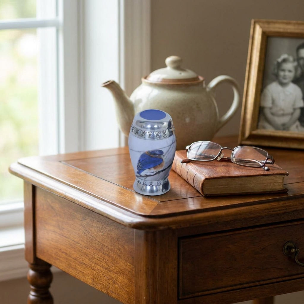 Keepsake Cremation Urn Blue and Brown Bird Design (Product Code NUBT-K)