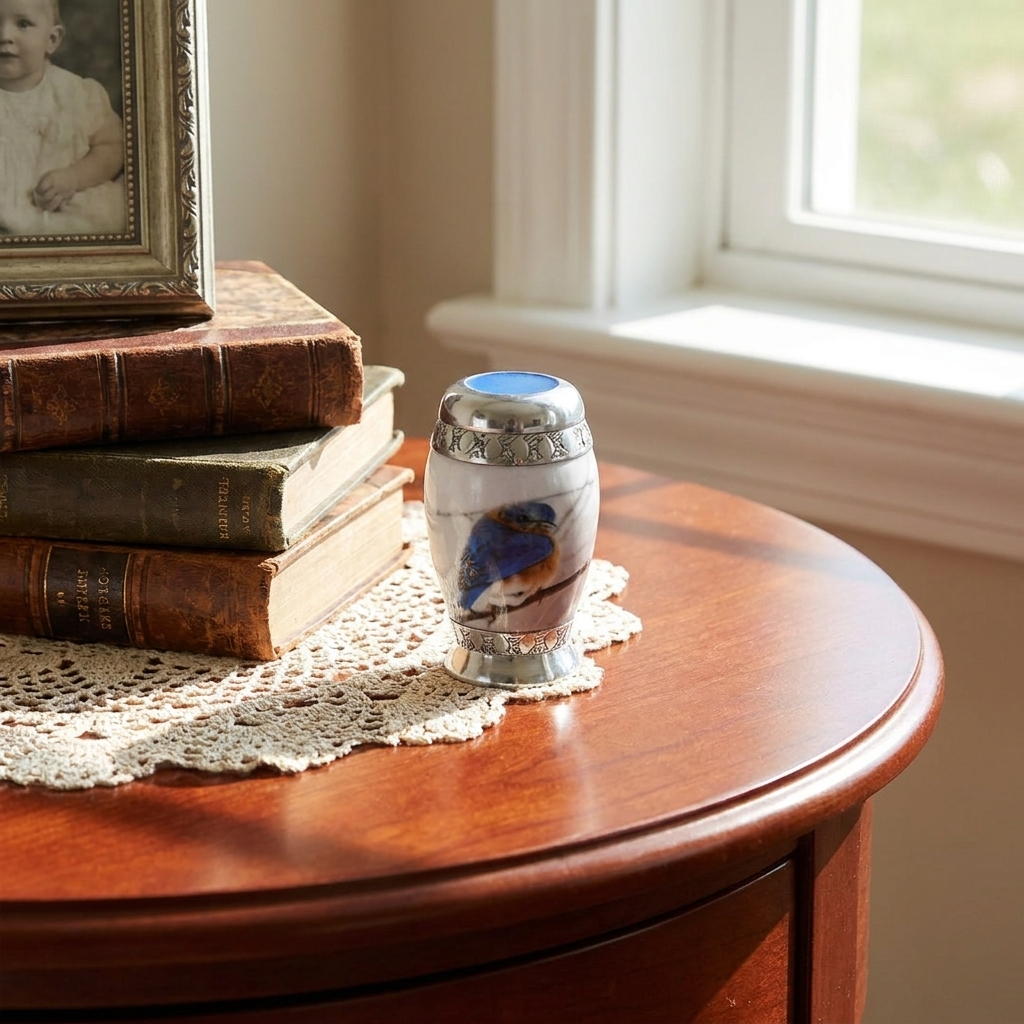 Keepsake Cremation Urn Blue and Brown Bird Design (Product Code NUBT-K)