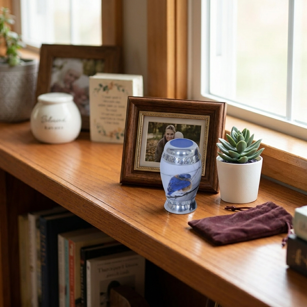 Keepsake Cremation Urn Blue and Brown Bird Design (Product Code NUBT-K)