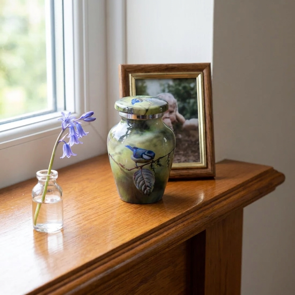 Keepsake Cremation Urn Blue Bird Perched On Branch Design with Velvet Bag – (Product Code: NUBO-K)