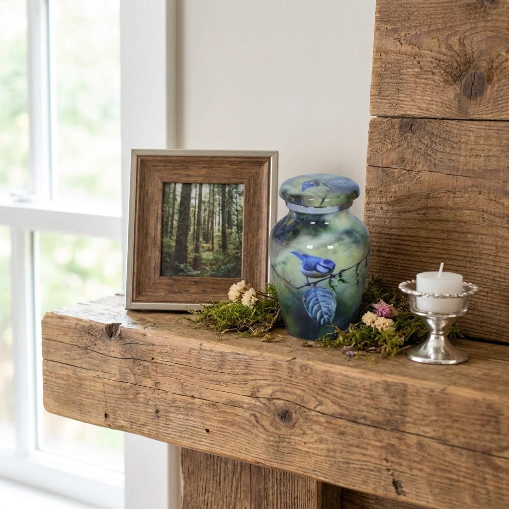 Keepsake Cremation Urn Blue Bird Perched On Branch Design with Velvet Bag – (Product Code: NUBO-K)