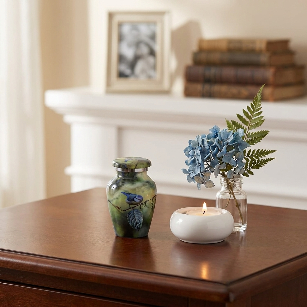 Keepsake Cremation Urn Blue Bird Perched On Branch Design with Velvet Bag – (Product Code: NUBO-K)