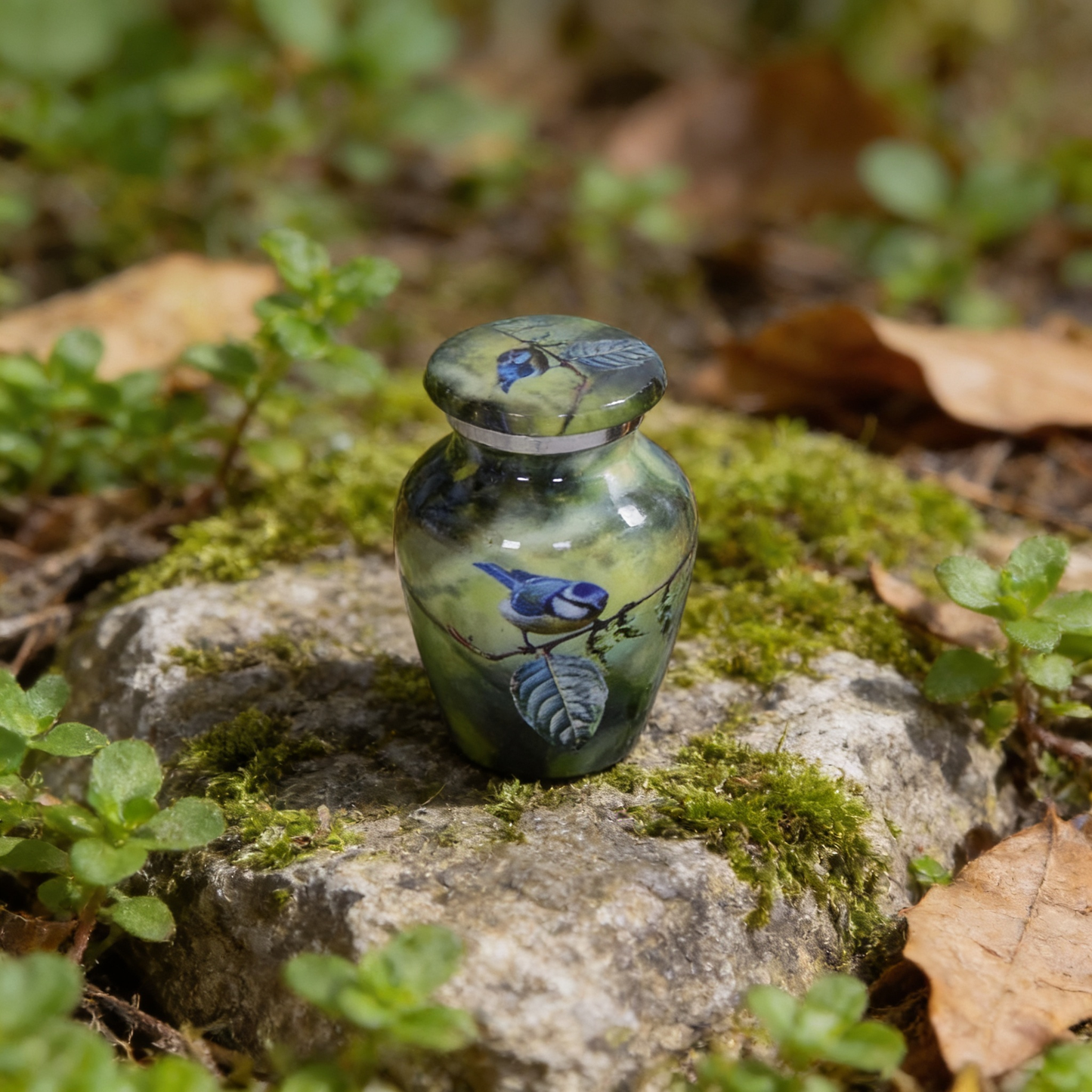 Keepsake Cremation Urn Blue Bird Perched On Branch Design with Velvet Bag – (Product Code: NUBO-K)