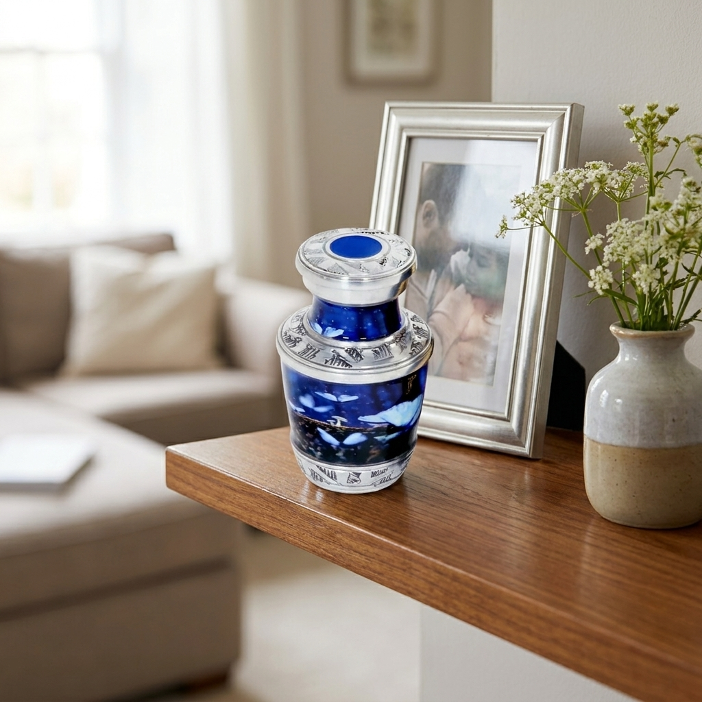 Keepsake Cremation Urn Blue Butterfly Design with Silver Engraved Accents and Velvet Bag (Product Code NUBU-K)