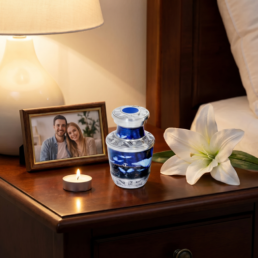 Keepsake Cremation Urn Blue Butterfly Design with Silver Engraved Accents and Velvet Bag (Product Code NUBU-K)