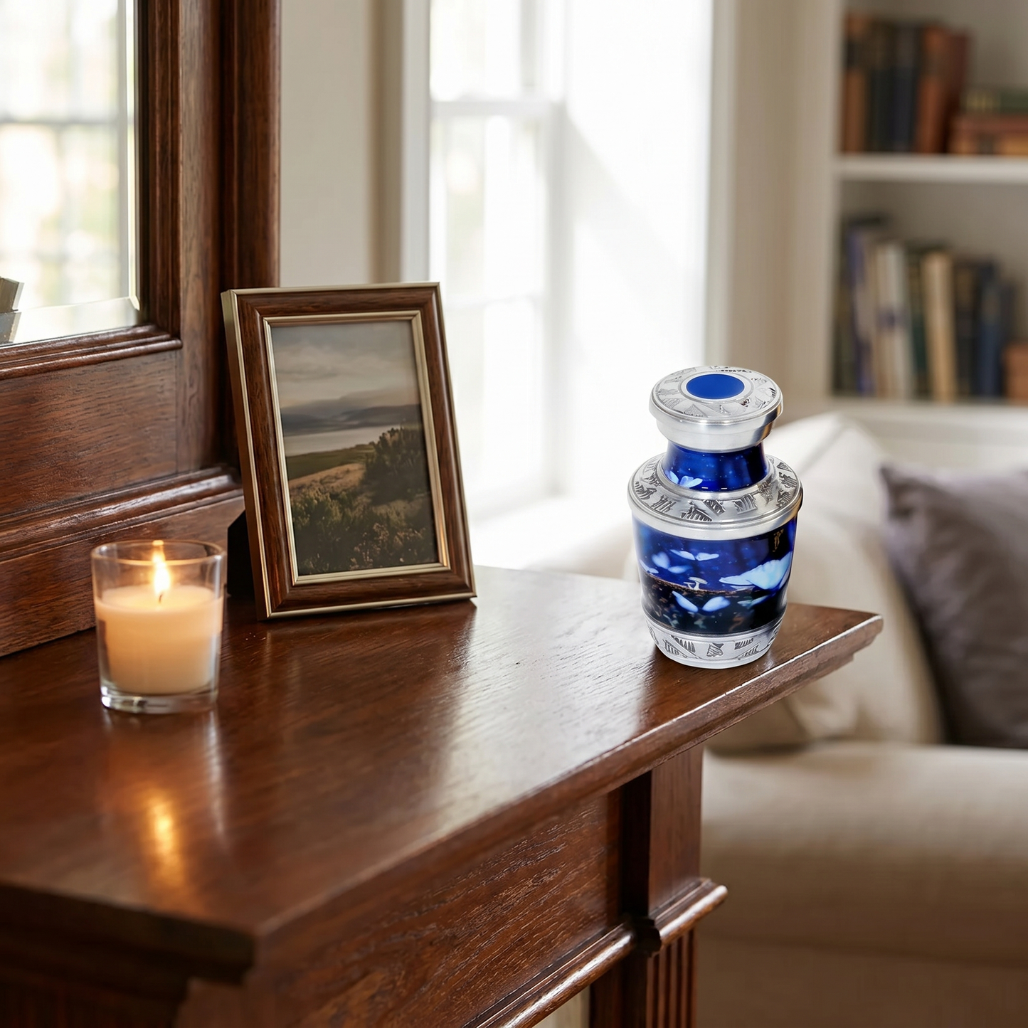 Keepsake Cremation Urn Blue Butterfly Design with Silver Engraved Accents and Velvet Bag (Product Code NUBU-K)