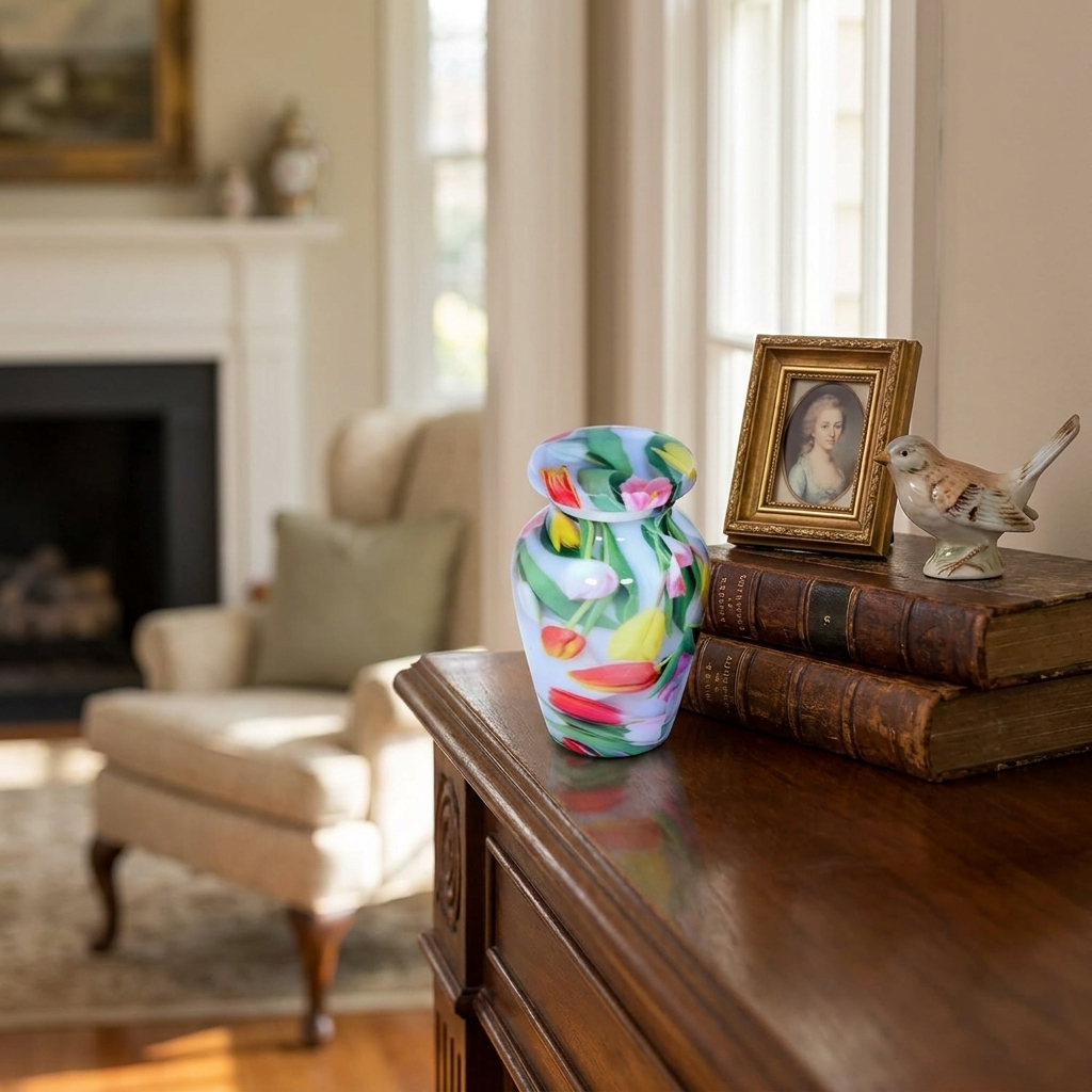 Keepsake Cremation Urn Colorful Tulip Garden Design with Velvet Bag (Product Code NUPEI-K)
