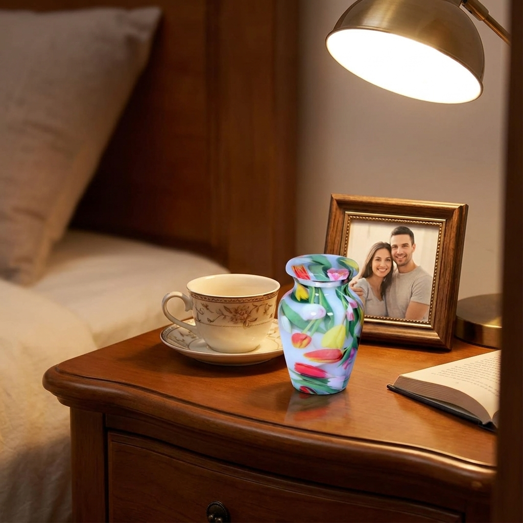 Keepsake Cremation Urn Colorful Tulip Garden Design with Velvet Bag (Product Code NUPEI-K)