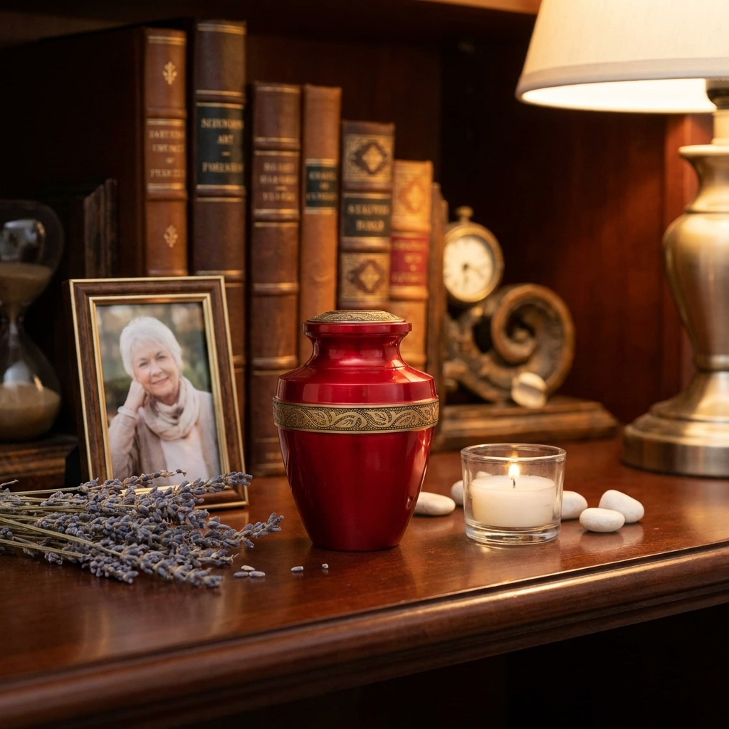 Keepsake Cremation Urn Crimson Red with Antique Golden Engraved Band (Product Code NUARE-K)