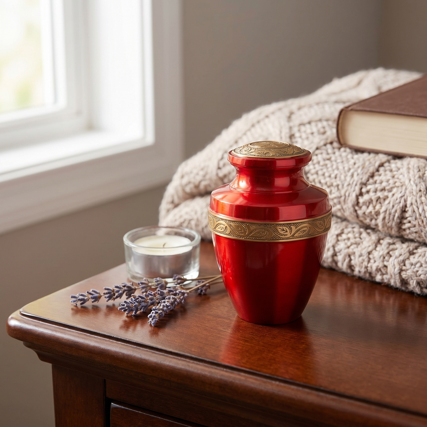 Keepsake Cremation Urn Crimson Red with Antique Golden Engraved Band (Product Code NUARE-K)
