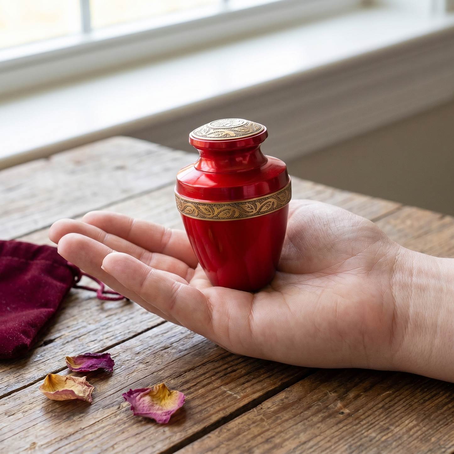 Keepsake Cremation Urn Crimson Red with Antique Golden Engraved Band (Product Code NUARE-K)