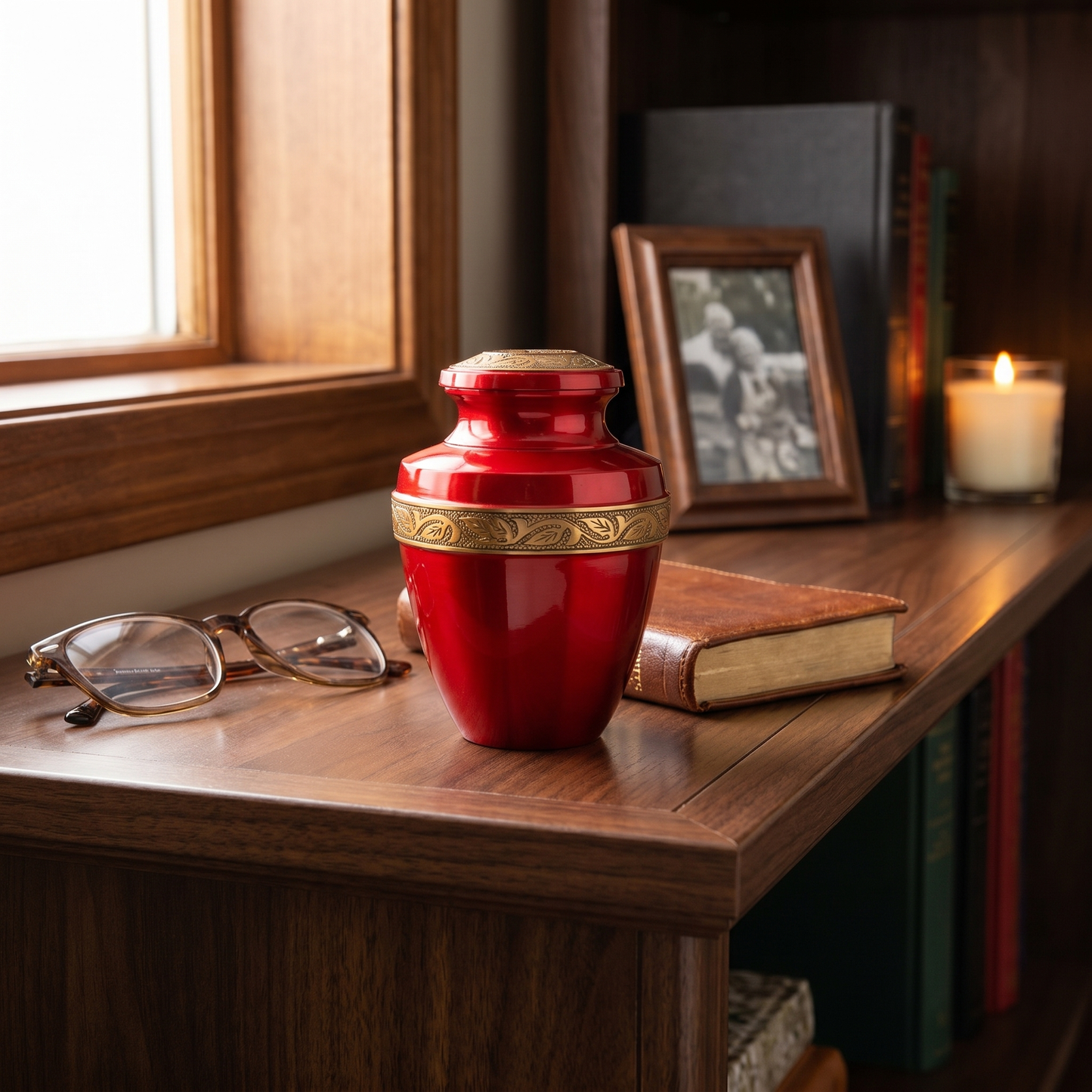 Keepsake Cremation Urn Crimson Red with Antique Golden Engraved Band (Product Code NUARE-K)