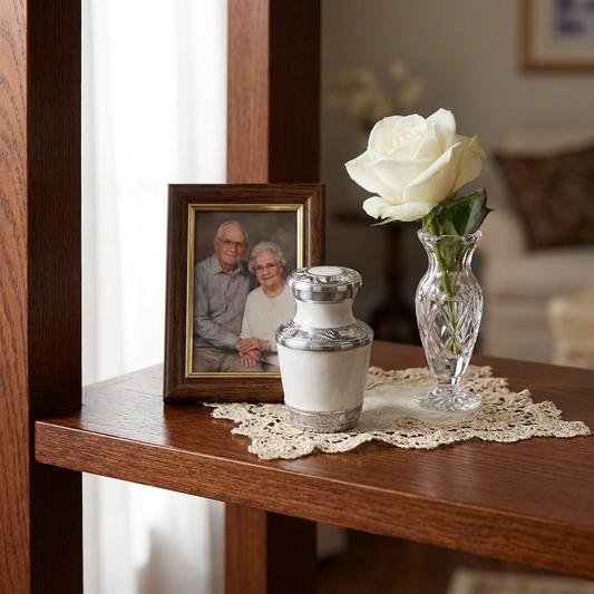 Keepsake Cremation Urn Elegant White & Silver Engraved Design with Velvet Bag (Product Code NUENPE-K)