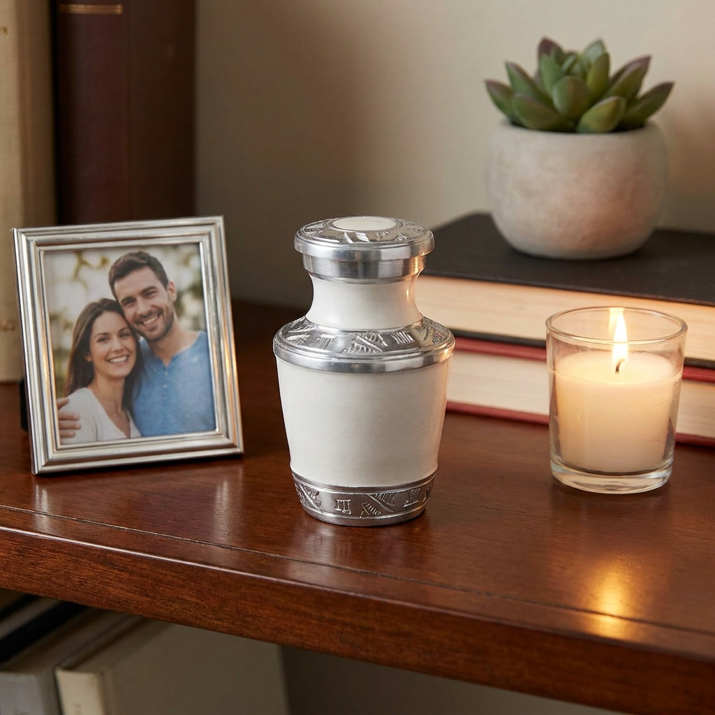 Keepsake Cremation Urn Elegant White & Silver Engraved Design with Velvet Bag (Product Code NUENPE-K)