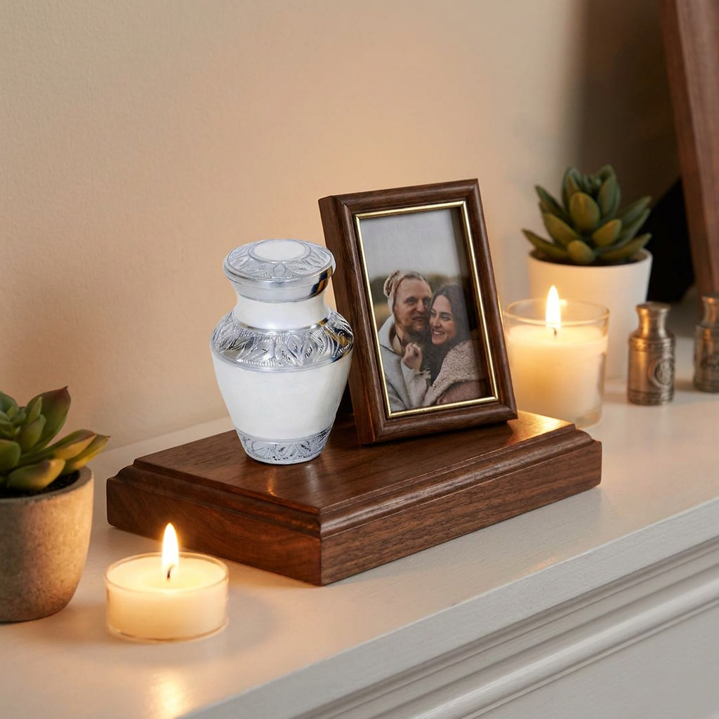 Keepsake Cremation Urn Elegant White with Engraved Leaf Trim Design and Velvet Bag (Product Code NUEWET-K)