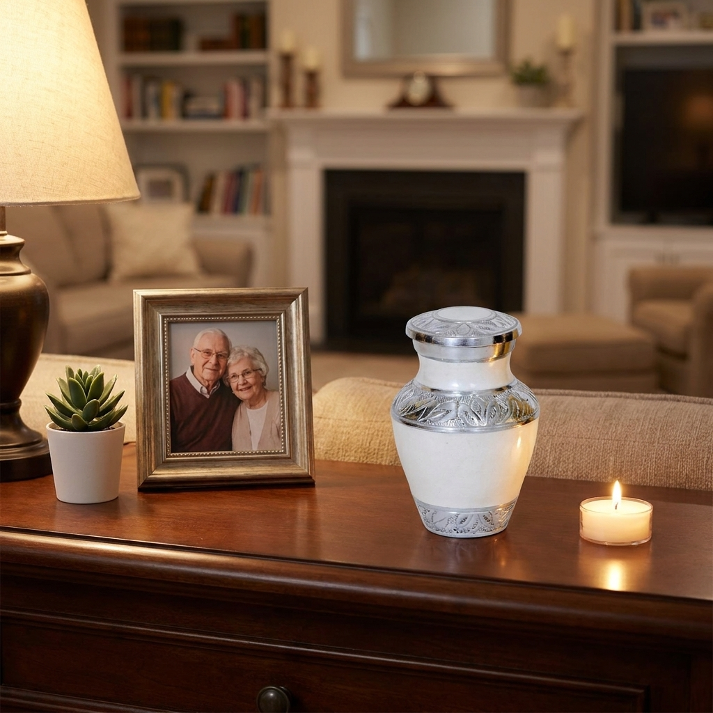 Keepsake Cremation Urn Elegant White with Engraved Leaf Trim Design and Velvet Bag (Product Code NUEWET-K)