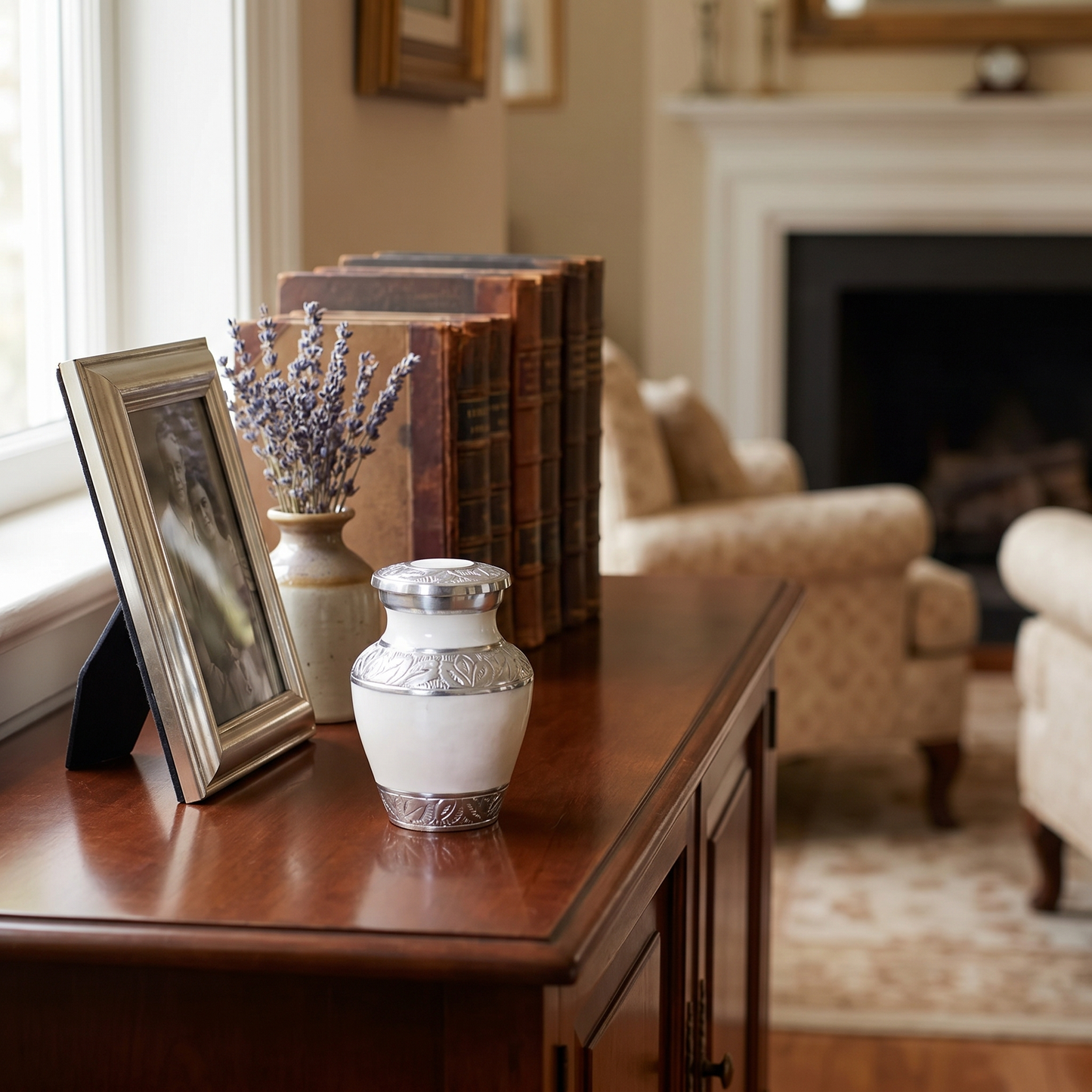 Keepsake Cremation Urn Elegant White with Engraved Leaf Trim Design and Velvet Bag (Product Code NUEWET-K)
