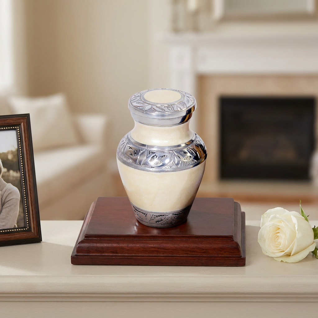 Keepsake Cremation Urn Elegant White with Engraved Ornament Design and Velvet Bag (Product Code NUEWEO-K)