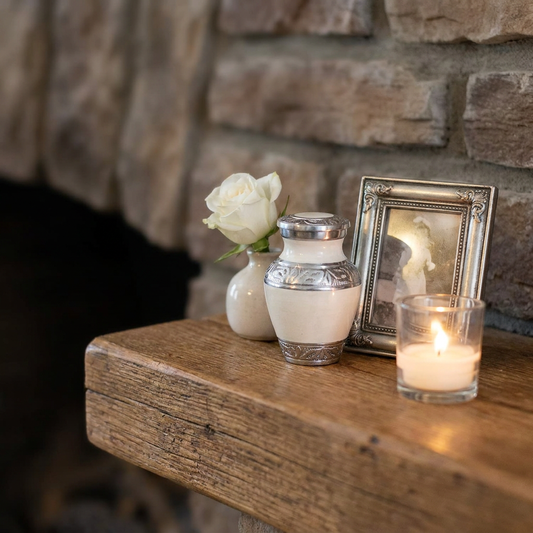 Keepsake Cremation Urn Elegant White with Engraved Ornament Design and Velvet Bag (Product Code NUEWEO-K)