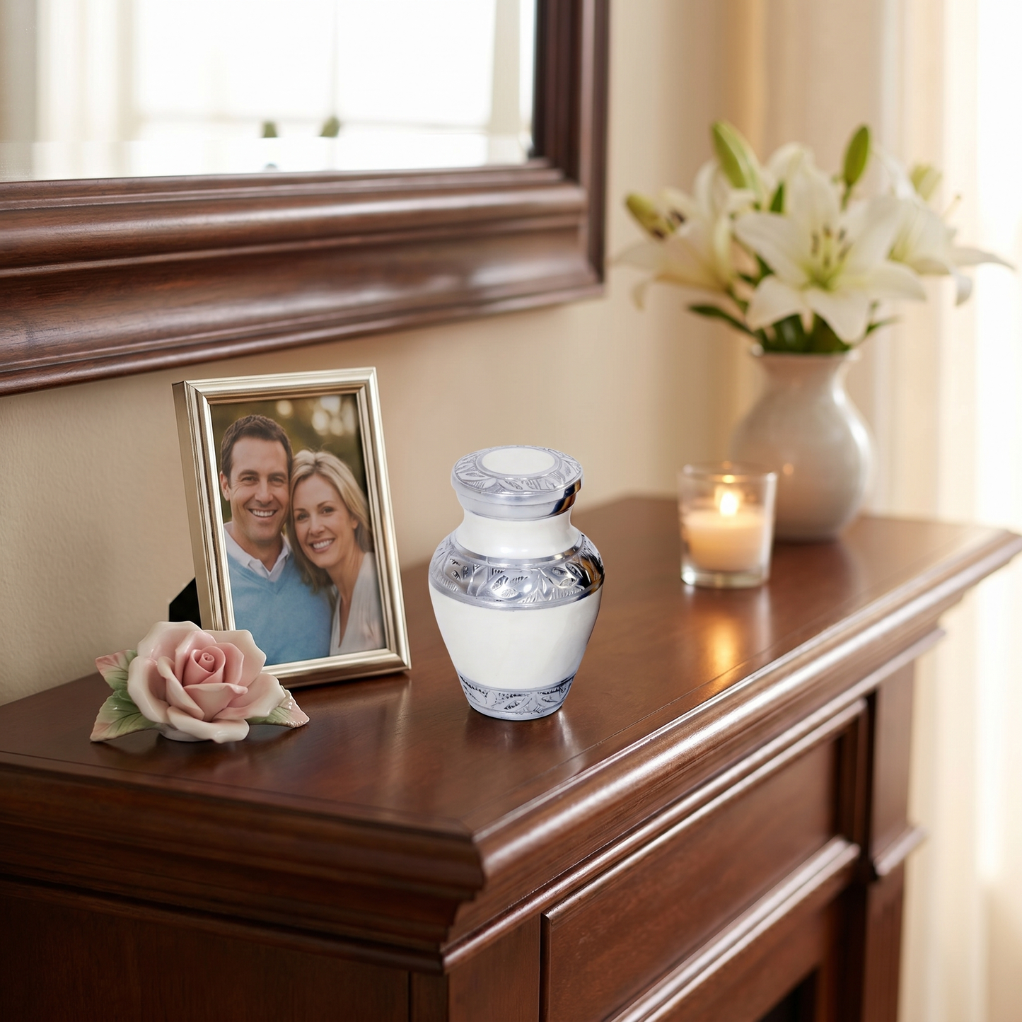 Keepsake Cremation Urn Elegant White with Engraved Ornament Design and Velvet Bag (Product Code NUEWEO-K)