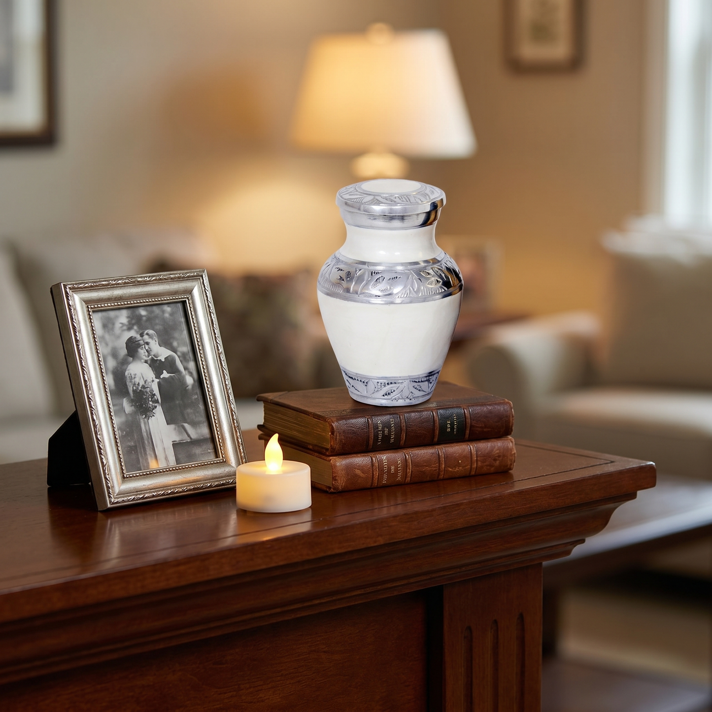 Keepsake Cremation Urn Elegant White with Engraved Ornament Design and Velvet Bag (Product Code NUEWEO-K)