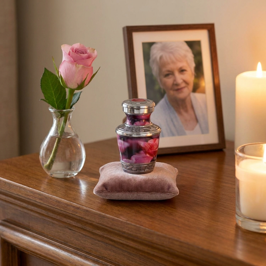 Keepsake Cremation Urn Pink Floral Impressions Design with Velvet Bag (Product Code NUPFI-K)