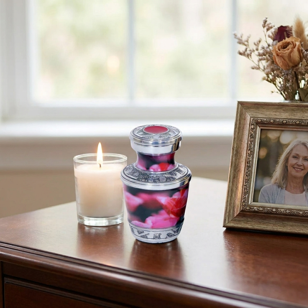 Keepsake Cremation Urn Pink Floral Impressions Design with Velvet Bag (Product Code NUPFI-K)