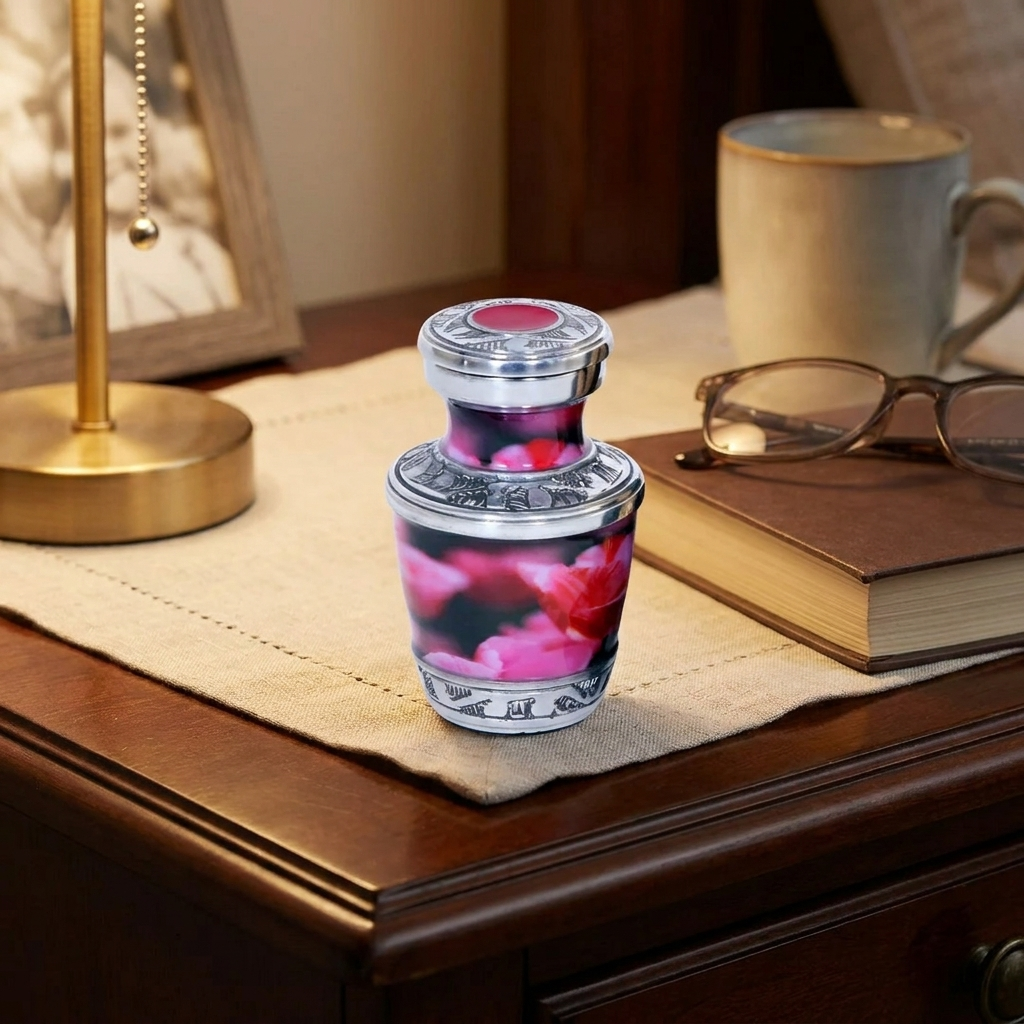 Keepsake Cremation Urn Pink Floral Impressions Design with Velvet Bag (Product Code NUPFI-K)