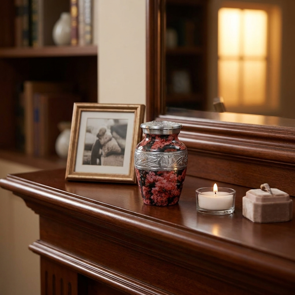 Keepsake Cremation Urn Pink Flowers & Water Drops Design with Velvet Bag – (Product Code: NUPTE-K)