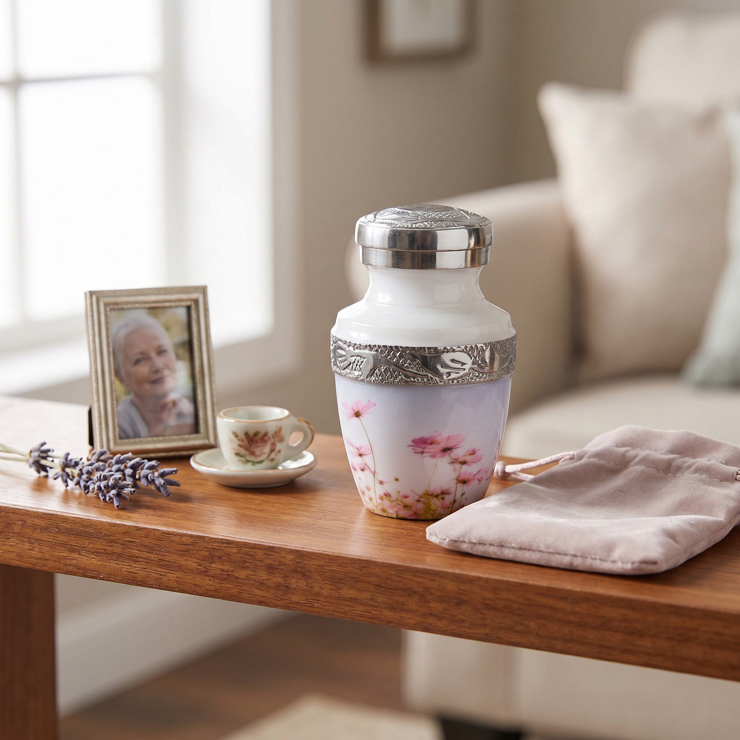Keepsake Cremation Urn Pink Flowers Design with Velvet Bag (Product Code NUPTH-K)