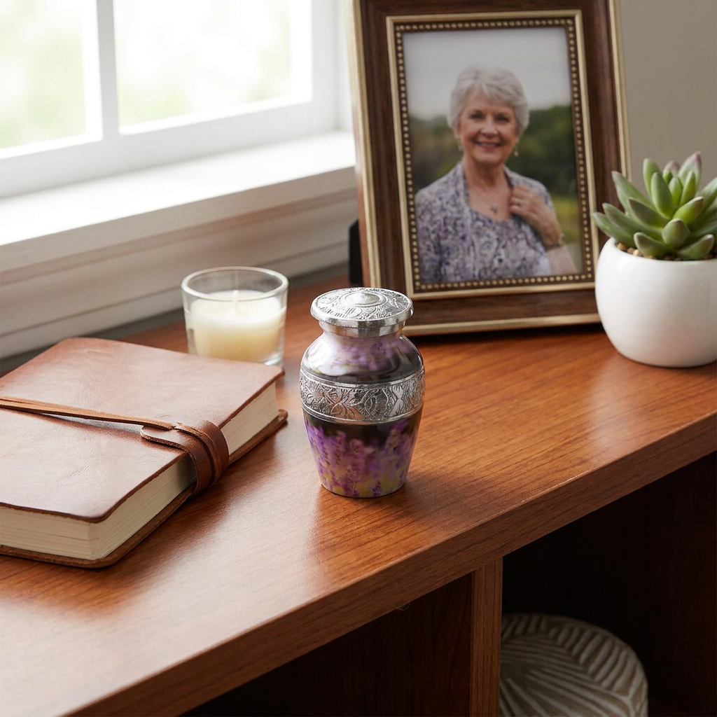 Keepsake Cremation Urn Purple Flower Design with Velvet Bag – (Product Code: NUPSE-K)