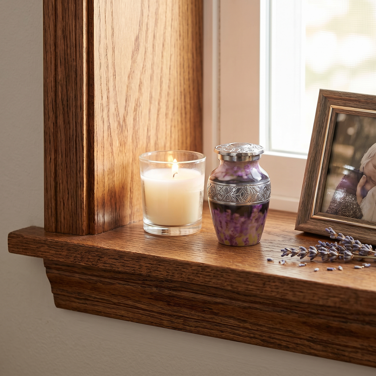 Keepsake Cremation Urn Purple Flower Design with Velvet Bag – (Product Code: NUPSE-K)