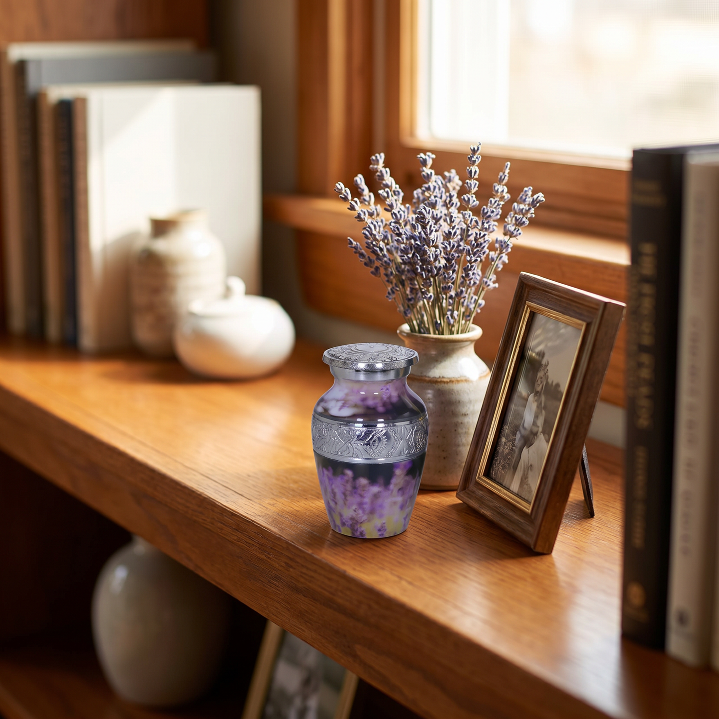 Keepsake Cremation Urn Purple Flower Design with Velvet Bag – (Product Code: NUPSE-K)