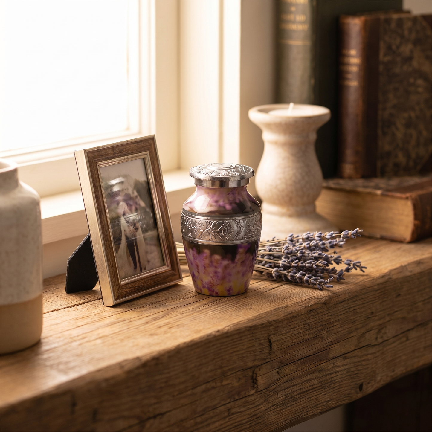 Keepsake Cremation Urn Purple Flower Design with Velvet Bag – (Product Code: NUPSE-K)