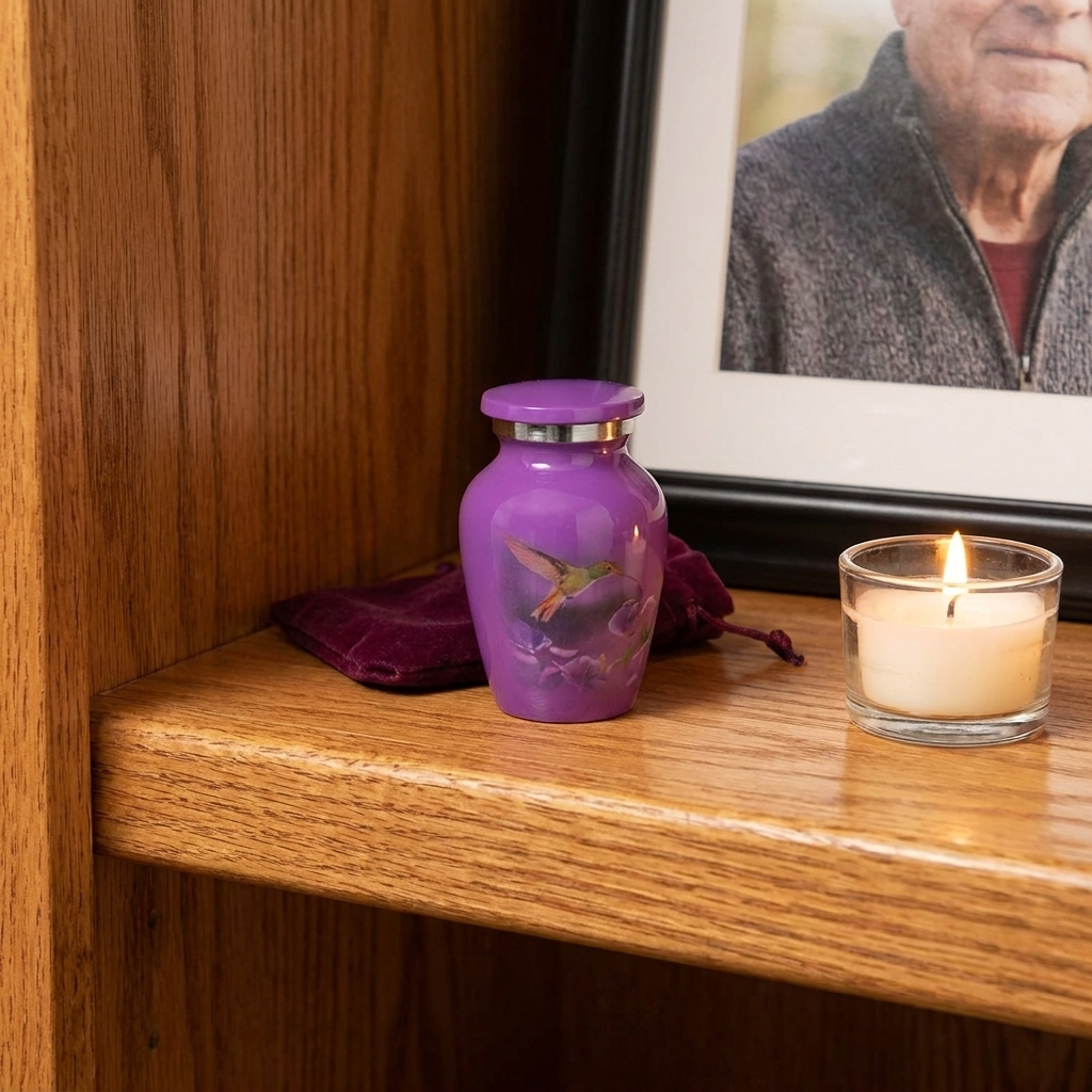 Keepsake Cremation Urn Purple Hummingbird & Flower Design with Velvet Bag (Product Code NUPNK-K)